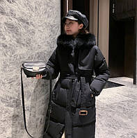 Женское зимнее пальто пуховик длинное с поясом