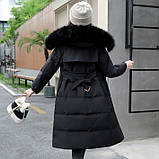 Жіноче зимове пальто пуховик довге з поясом, фото 4