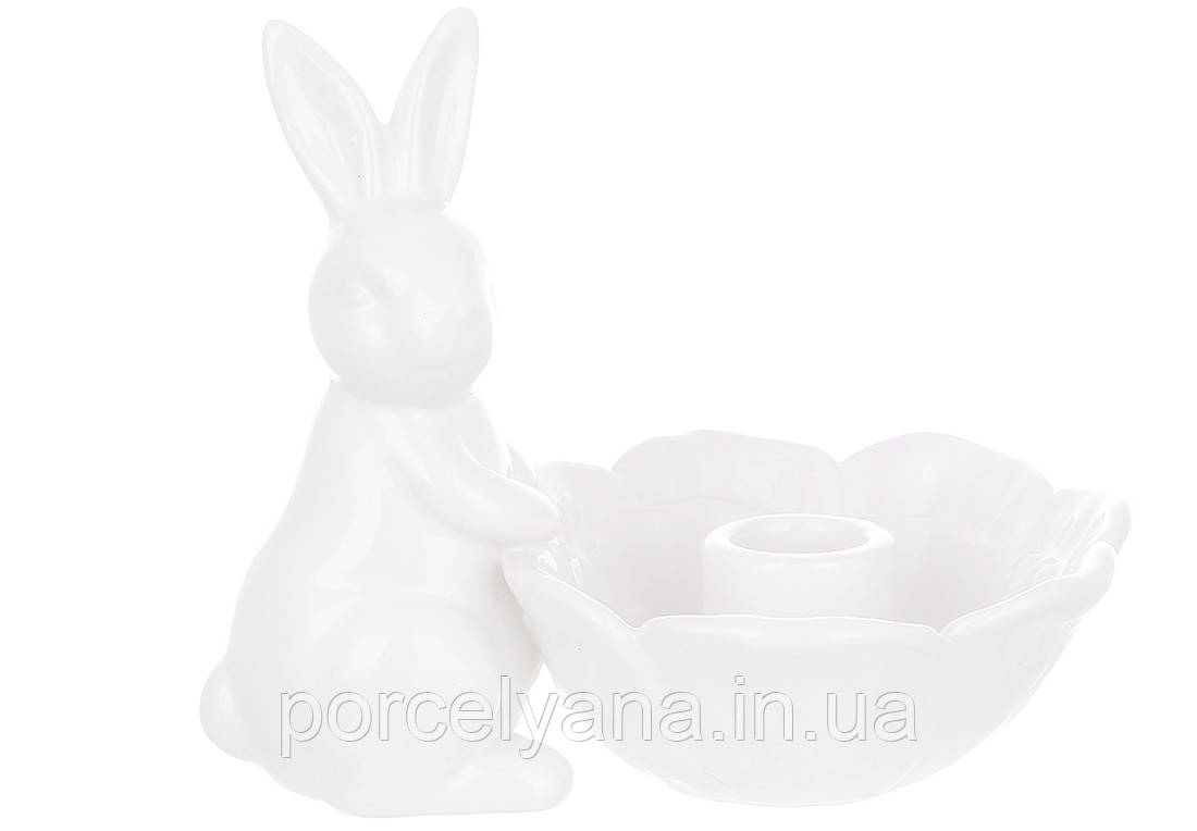 Підсвічник керамічний кролик з квіткою 13 см колір-білий BonaDi 733-597, фото 1