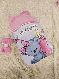 Конверт спальник для новонароджених, рожевий з білим, принт Ведмедик дівчинка
