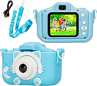 Детский фотоаппарат с USB и автофокусом, "Котик" ET015 Cat, Голубой / Детская цифровая фотокамера с чехлом