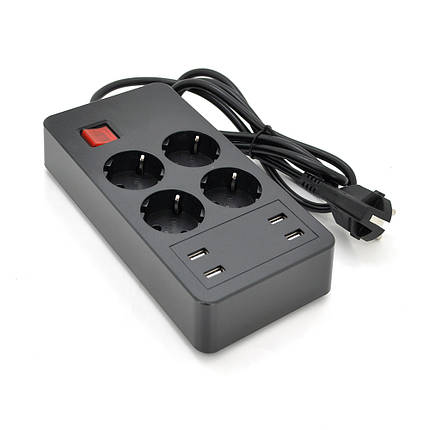 Мережевий фільтр на 4 розетки + 4 USB виходи 5V-2.4A, кнопка включення з індикатором, 16A, 250V/4000W, Black, фото 1