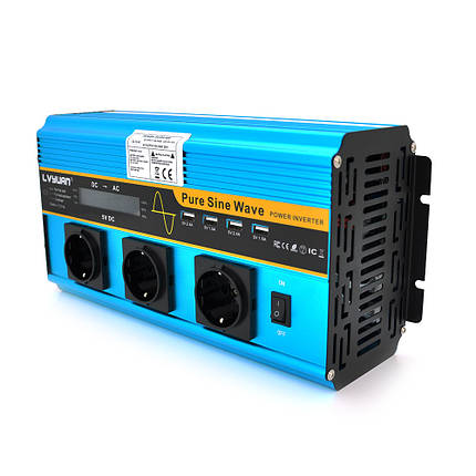Інвертор напруги LY5000W (DC:2500W), 12/230V з правильною синусоїдою, 3 Shuko, 4*USB (DC:5V/2A), клеми+ дроти,, фото 1