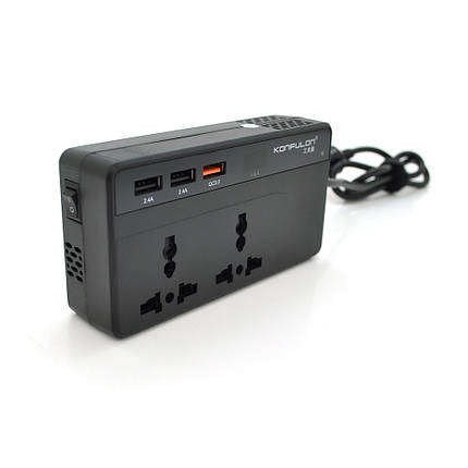 Інвертор напруги Konfulon CZ-01, 200W(24В)+100W(12В), 12/220V, approximated, 2 універсальні розетки+3USB, Box, фото 1