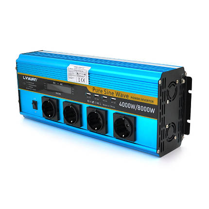 Інвертор напруги LY8000W (DC:4000W), 12/230V з правильною синусоїдою, 4 універсальні розетки, 4*USB, фото 1