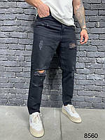 Мужские джинсы МОМ рваные (черные) молодежные модные с потертостями повседневные для парней s8560