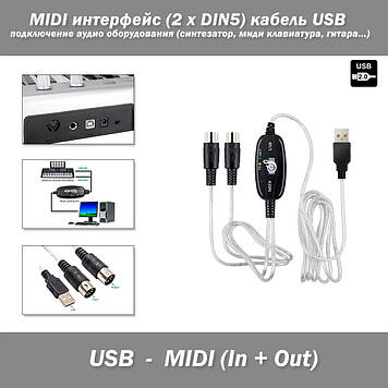 MIDI інтерфейс (2 х DIN5) CJS1039B кабель USB підключення аудіо обладнання (синтезатор, міді клавіатура, гітара ...)