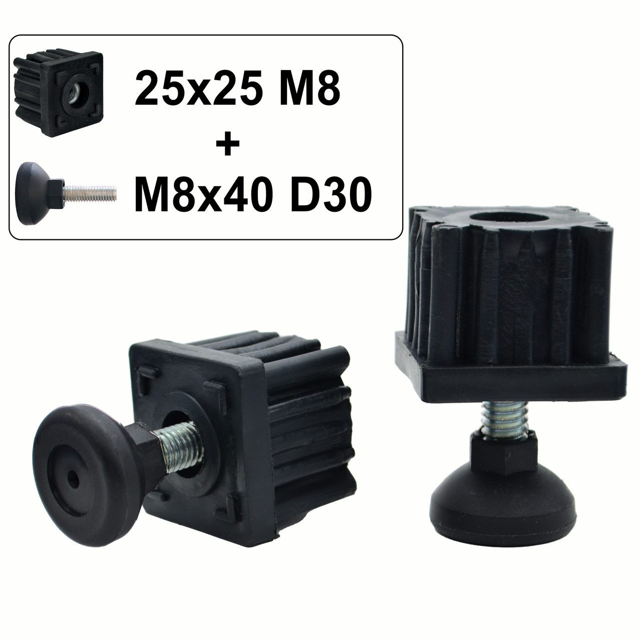 Заглушка 25х25 М8 з опорою M8х40 D30 (ніжка меблева з різьбою) - Комплект