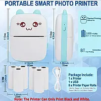 Портативный мини принтер 6 рулонів Mini Printer термопринтер карманный детский принтер термо принтер СИНІЙ
