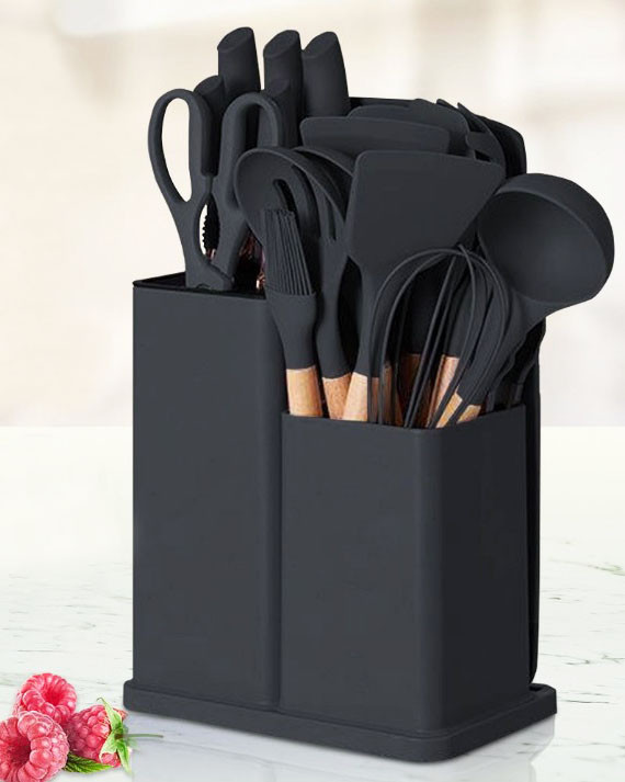 Набір силіконового кухонного приладдя Kitchenware Set набір ножів лопаток із достойкою Чорний
