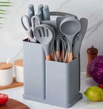Набір силіконового кухонного приладдя Kitchenware Set набір ножів лопаток із достойкою Сірий, фото 1