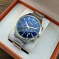 Мужские классические кварцевые наручные часы с хронографом Curren 8435 Silver-Gold-Blue. Металлический браслет