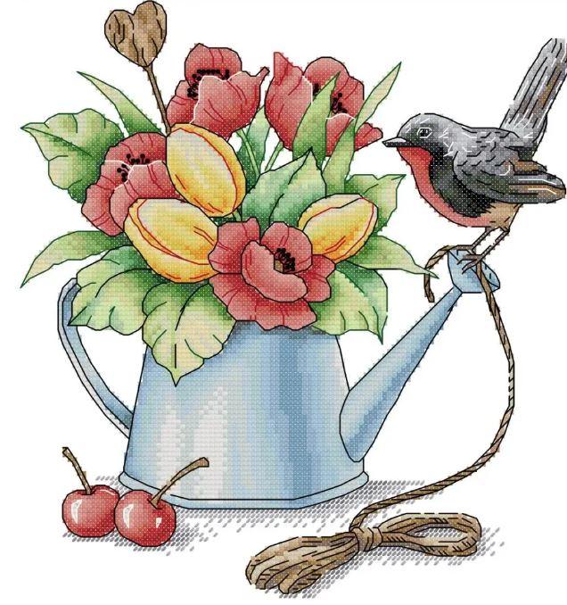 Набір для вишивання за нанесеною на канву схемою "Spring Bouquet Birds and Flowers". AIDA 14CT printed, 29*31 см