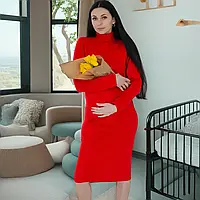 55611 Платье из трикотажа в рубчик для беременных с длинным рукавом и секретом для кормления Красный