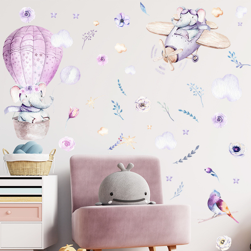 3D інтер'єрні вінілові наклейки на стіни Милі Слоніки Пташка Квіти Фіолетові 90 на 30 см Декор Шпалери