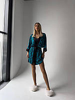 Брендовий домашній комплект халат з поясом та нічна сорочка - пеньюар на лямках(регулюються) шовк турецький Бирюзовый, ХЛ