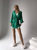 Брендовий домашній комплект халат з поясом та нічна сорочка - пеньюар на лямках(регулюються) шовк турецький Зеленый, Л