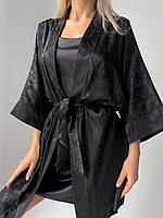 Брендовий домашній комплект халат з поясом та нічна сорочка - пеньюар на лямках(регулюються) шовк турецький Черный, S