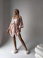 Брендовий домашній комплект халат з поясом та нічна сорочка - пеньюар на лямках(регулюються) шовк турецький Розовый, М