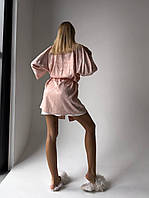 Брендовий домашній комплект халат з поясом та нічна сорочка - пеньюар на лямках(регулюються) шовк турецький Розовый, Л