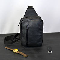 Сумка мужская - кожаная, нагрудная сумка слинг кожаная черная на WI-698 3 кармана
