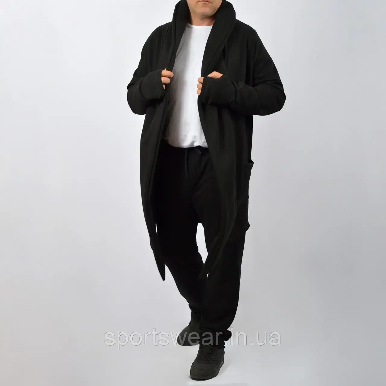 Кардеган мужской черный Пиджак весна-осень из трехнитки стильная Мантия парню Кофта с капюшоном длинная хб M - фото 8 - id-p2082988102