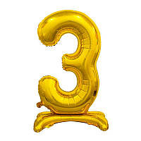 Трёхмерный золотой шар цифра "3", 80 см на подставке 2282