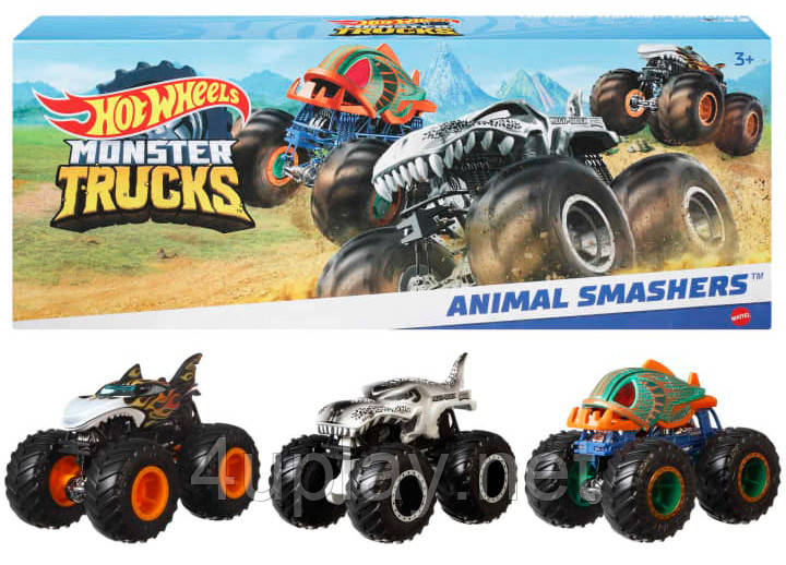 Hot Wheels Monster Trucks Creature 3-Pack Набір 3 монстр-траки Акула, Піранья, Динозавр 1:64 Оригінал