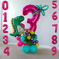 Набор воздушных шаров с цифрой на выбор и подставкой Дракончик Малиновый