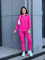 Жіночий мікровельвий костюм у великих кольорах ( Сорочка на гудзиках, штани джогери)