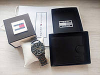 Мужской подарочный набор Tommy часы и кожаный кошелек total black