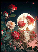 Алмазная картина лунный пейзаж розы 30х40 см , алмазная мозаика