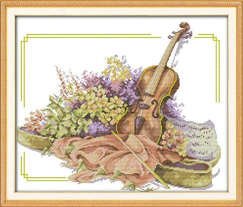 Набір для вишивання за нанесеною на канву схемою "The violin and flowers". AIDA 14CT printed, 48*41 см