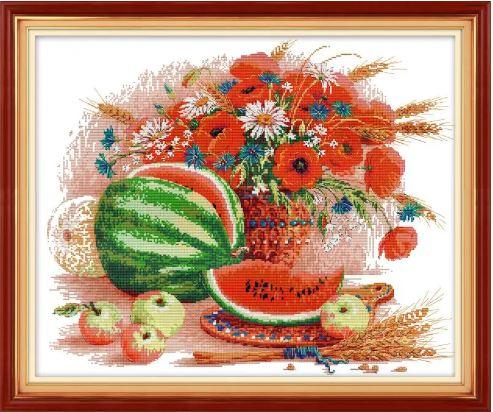 Набір для вишивання за нанесеною на канву схемою "Pink Rose in Porcelain Jar". AIDA 14CT printed 57*48 см
