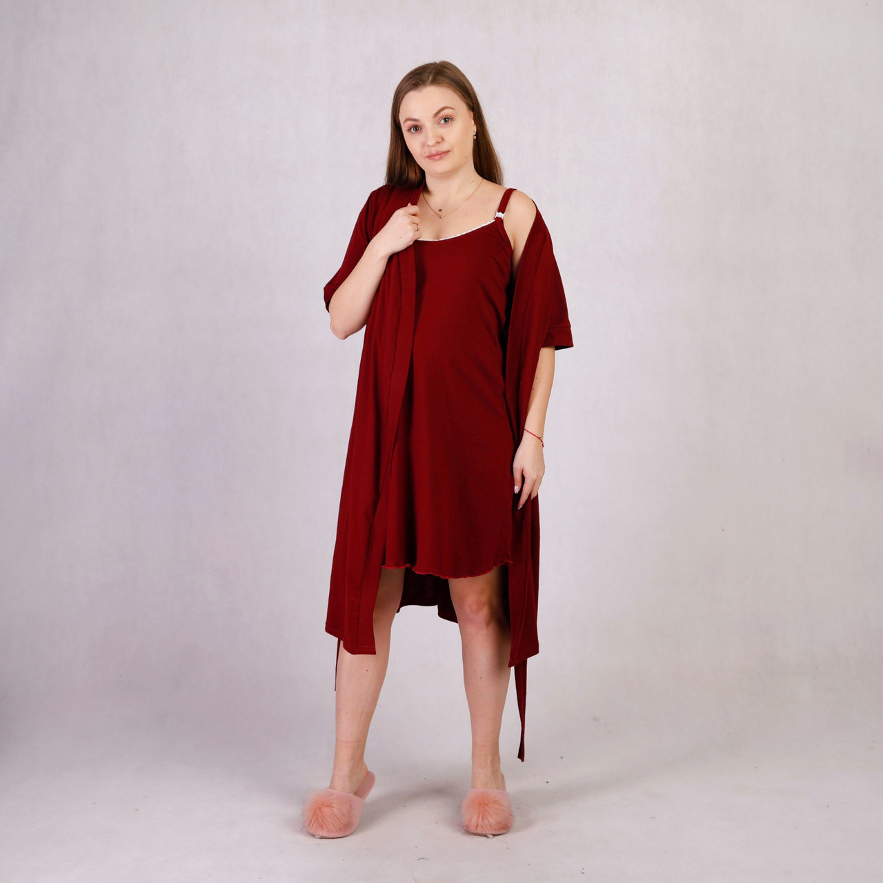 Комплект молодіжний халат з нічним, для вагітних і мам, що годують бордовий р.46-54