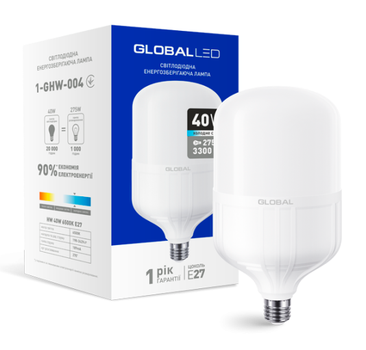 Світлодіодна лампа високопотужна GLOBAL 1-GHW-004 40W 6500K E27 Код.58280
