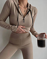 Жіночий базовий костюм (топ+легінси), 42-46, чорний та бежевий, рубчик мустанг Туреччина.