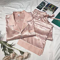 Пижамный комплект с сердцем, Атласная женская пижама, Комфортная атласна пижама Розовый, M