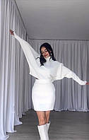Модный теплый костюмчик свитер+юбка из ангоры рубчик белый