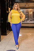 Женский нарядный желто-синий костюм из брюк и блузы большие размеры