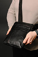 Мужская кожаная сумка мессенджер , барсетка для мужчин из натуральной гладкой кожи ST002 (черная) El_900