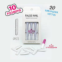 Однотонные накладные ногти + клей для ногтей, форма типс - балерина 01 белый
