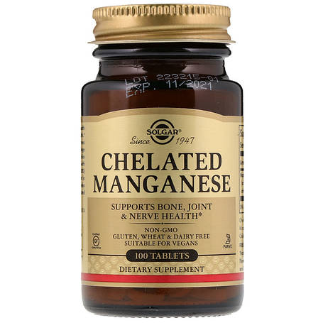 Марганець, Chelated Manganese, Solgar, хелатний, 100 таблеток, фото 1