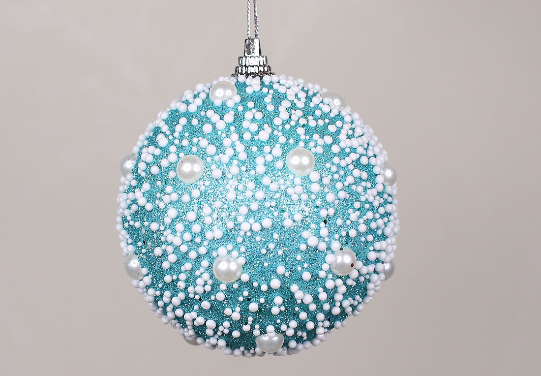 Ялинкова куля з бісером 8см, колір-бірюзовий гліттер. ТОВАР ВІД ВИРОБНИКА