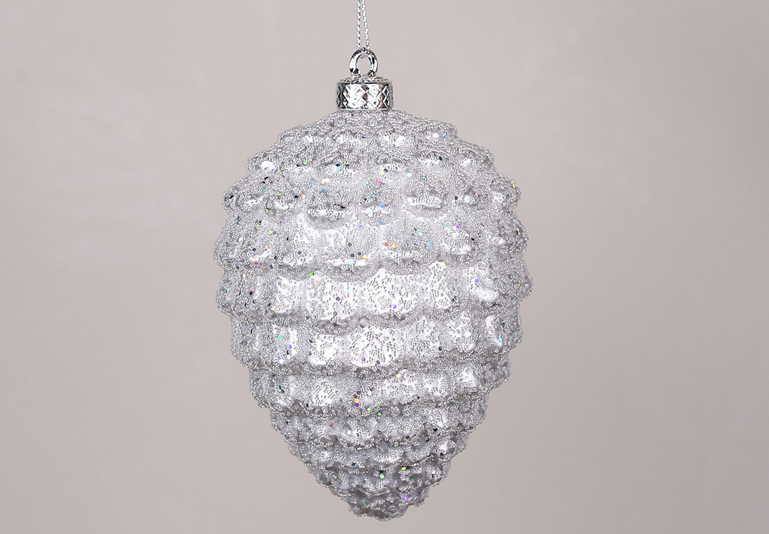 Ялинкова прикраса Шишка 11см, колір-срібло з гліттером ТОВАР ВІД ВИРОБНИКА