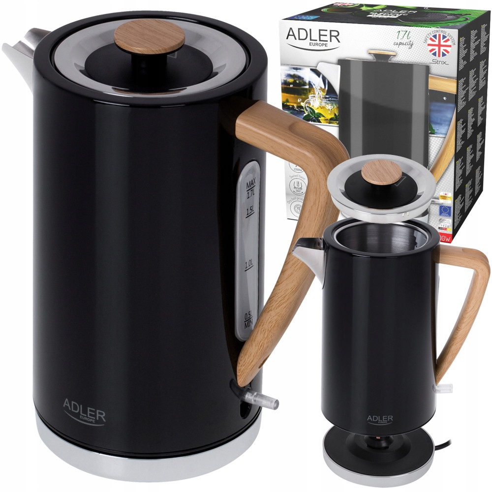 Електрочайник Adler AD 1347 Black — 1.7 л, 2200 Вт, STRIX, нержавіюча сталь, знімна кришка
