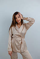 Женский костюм в пижамном стиле из шелка Армани бежевый