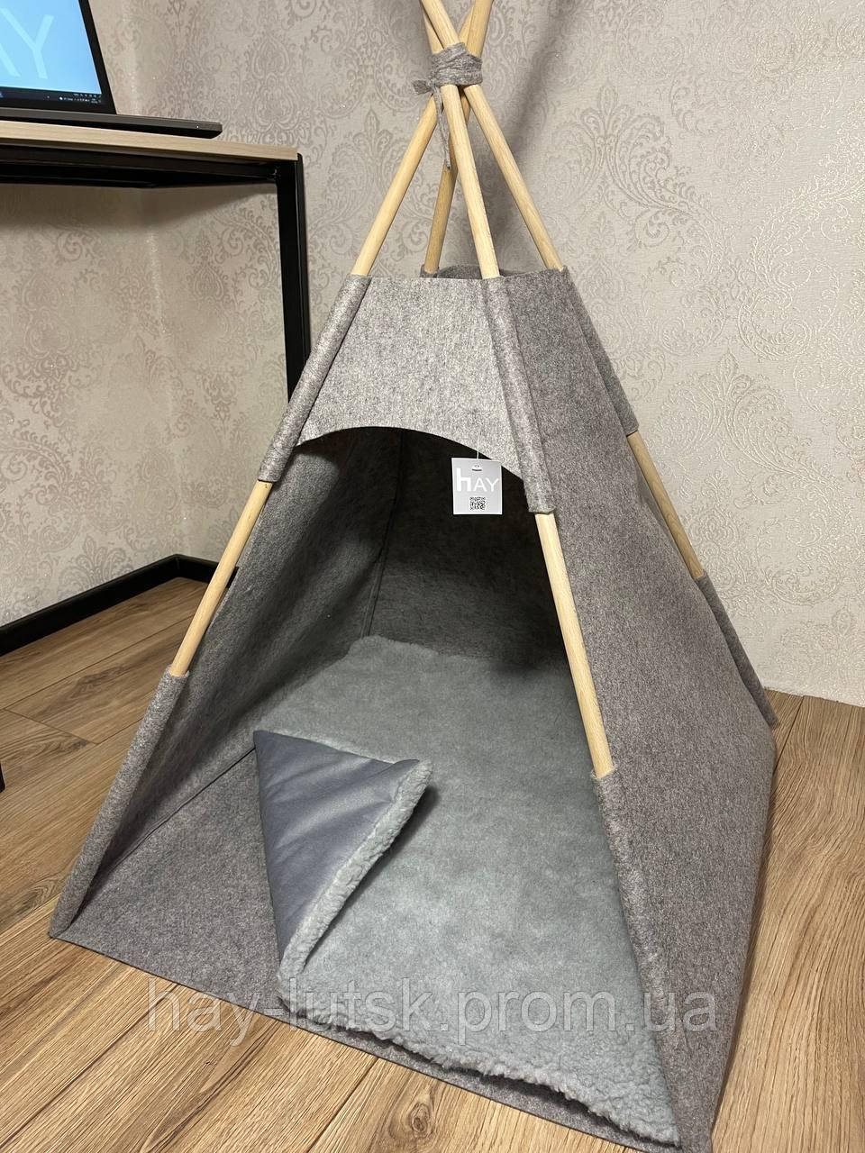 Будка палатка "Вигвам" для собак и кошек с подушкой, серый, 63х63х96см. Размер XL - фото 3 - id-p2083586458