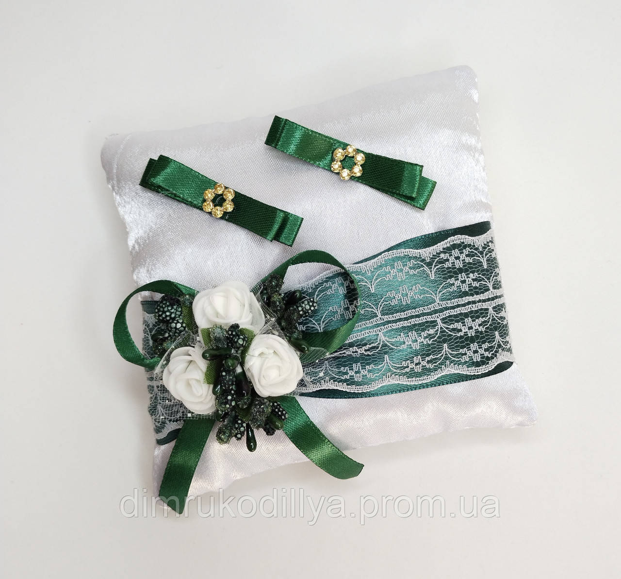 Подушечка для весільних обручок, білий+смарагдовий, зелений