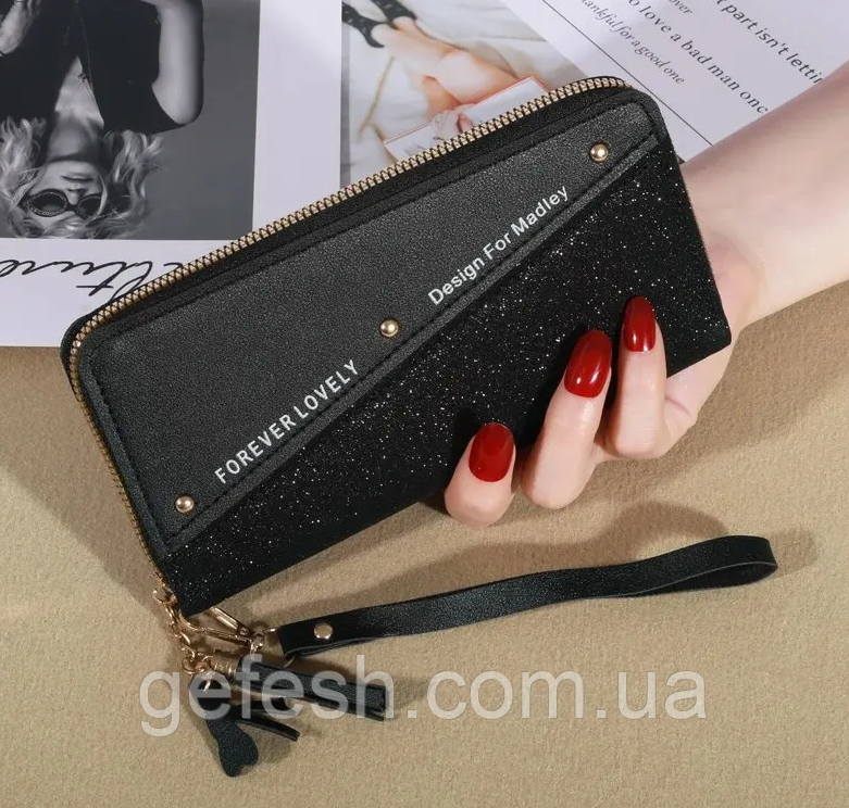 Жіночий гаманець портмоне чорний клатч із БЛЕСТКАМИ 19 см на 9,5 см